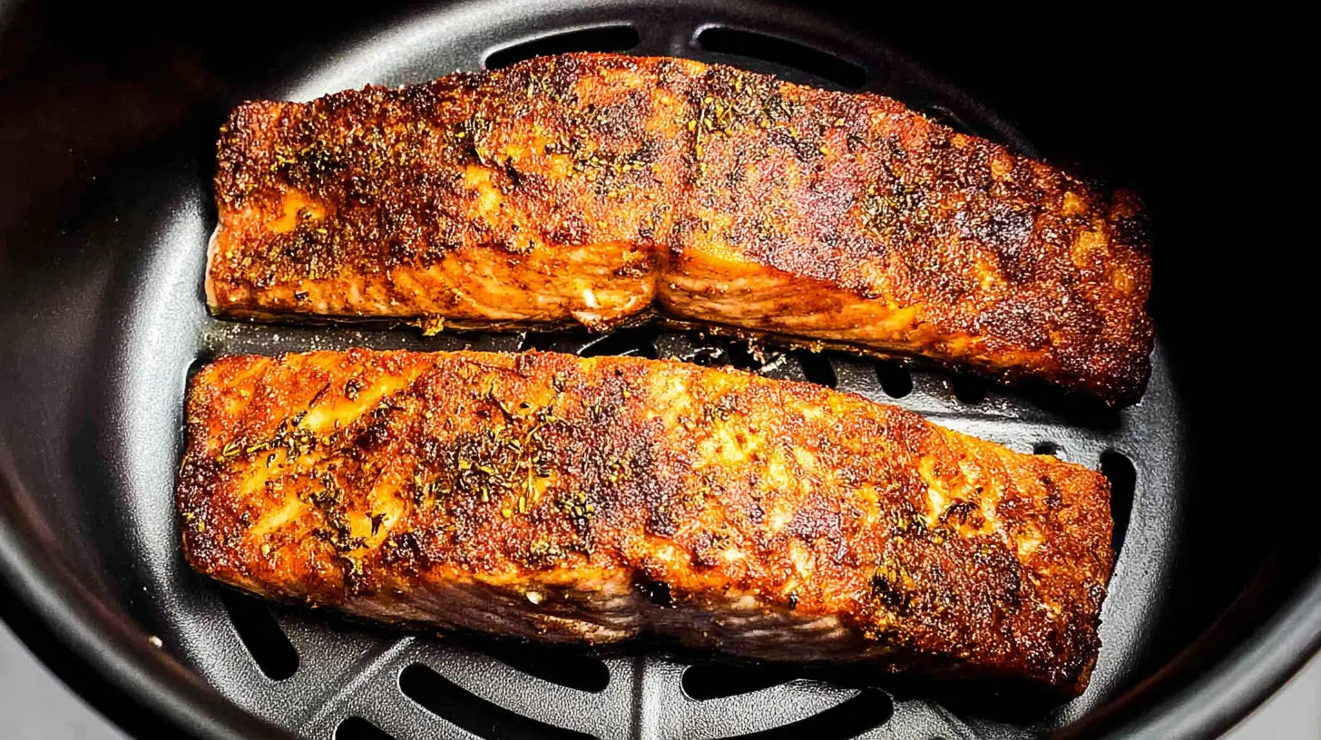 A freshly cooked Air fryer Salmon fillet on a plate.