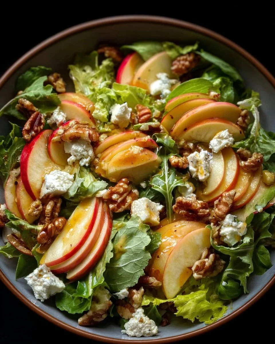 Autumn Harvest Honeycrisp Apple and Feta Salad on a rustic wooden table.
