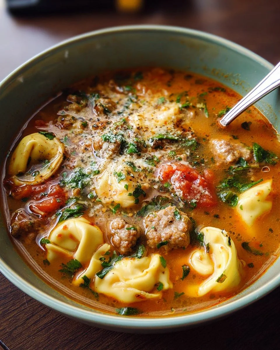 Autumn Tortellini Soup with Sausage 1 Bowl of Autumn Tortellini Soup with Sausage garnished with herbs