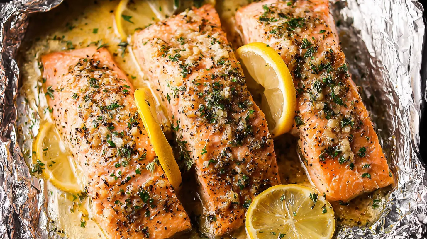A serving of baked lemon garlic butter salmon on a plate.
