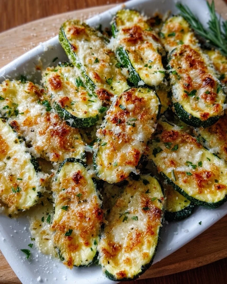 Baked Parmesan zucchini topped with golden cheese and herbs