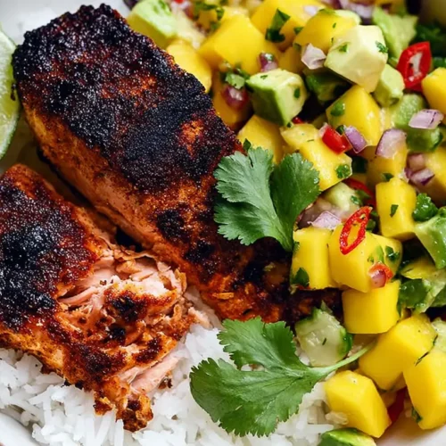 BBQ salmon bowls with vibrant mango avocado salsa artfully arranged.