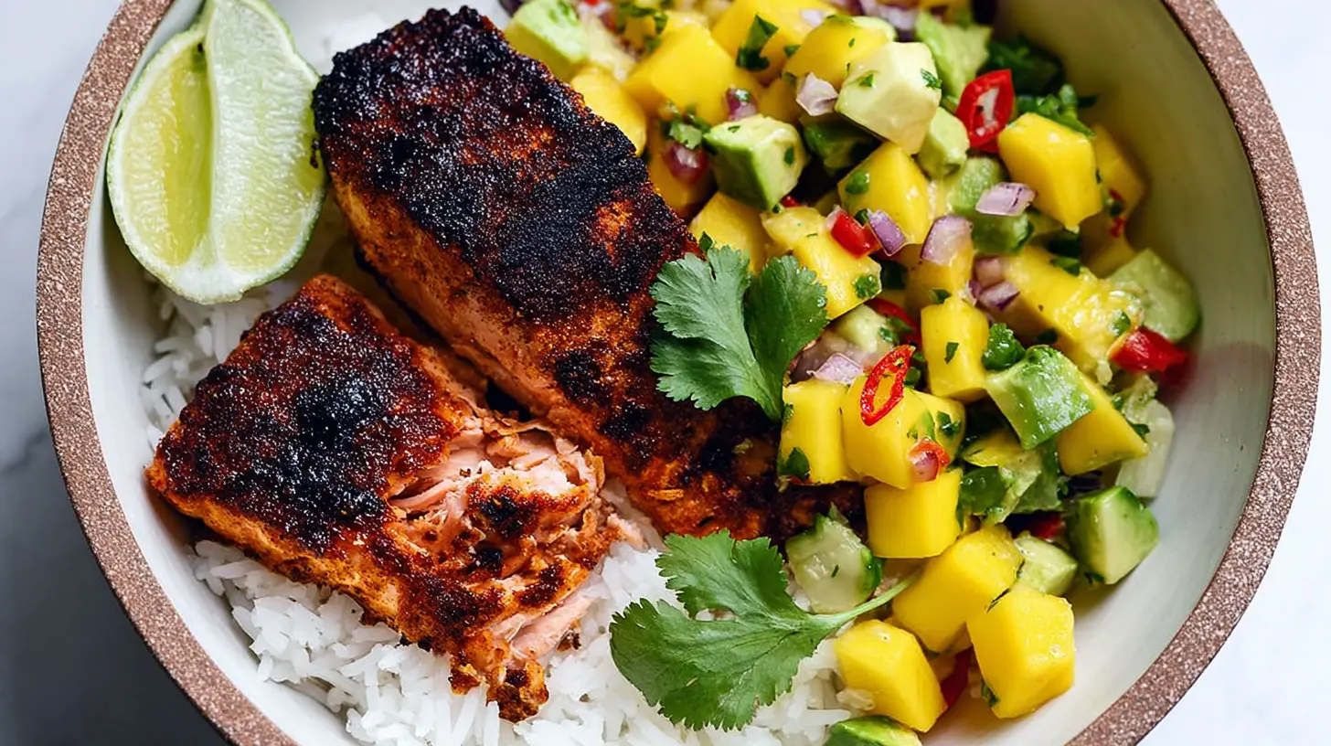 BBQ salmon bowls with vibrant mango avocado salsa artfully arranged.
