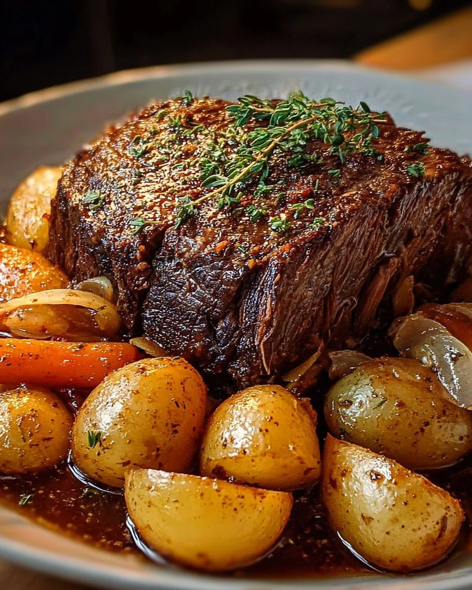 Delicious pot roast cooked in a crock pot with vegetables and spices