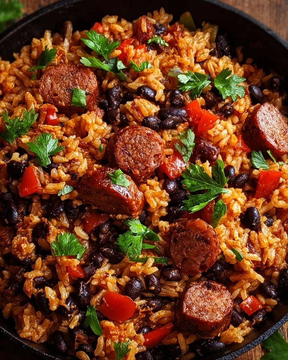 Plate of black beans and rice with sausage, garnished with herbs