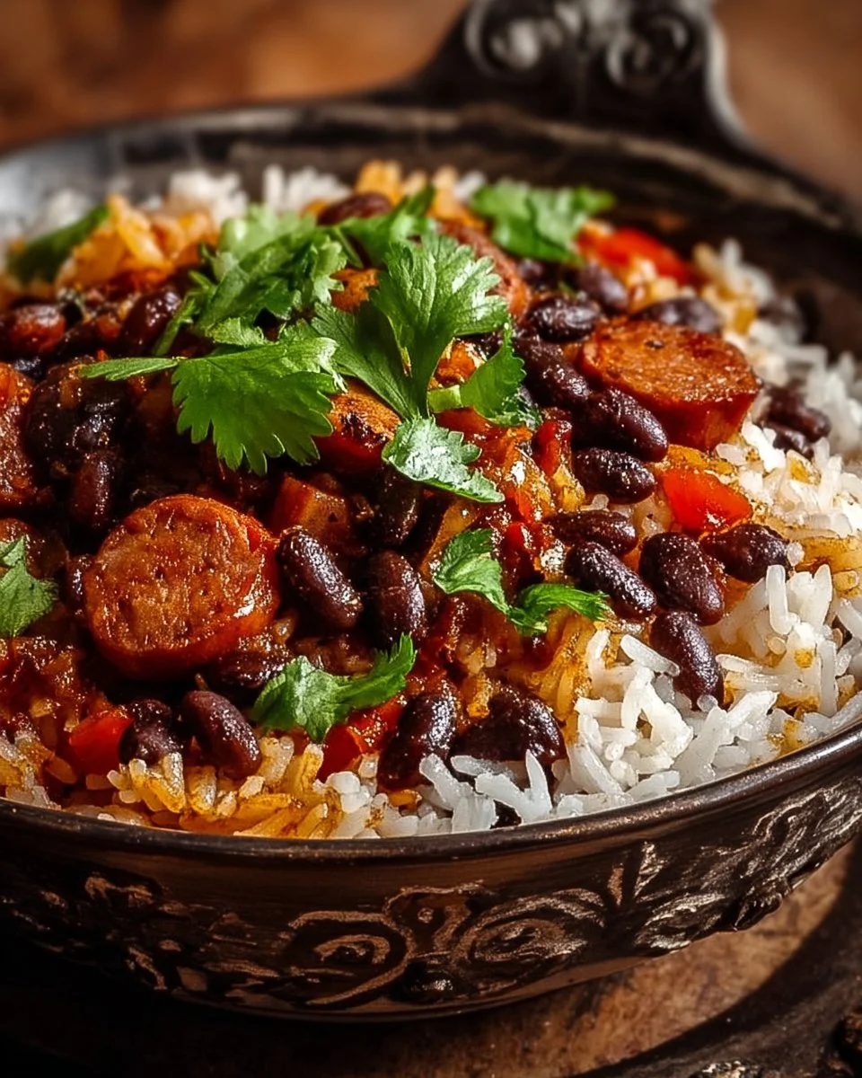 Black Beans and Rice with Sausage 1 Plate of black beans and rice with sausage garnished with fresh herbs