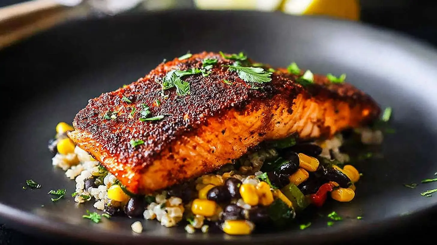 Close-up of a perfectly cooked blackened salmon fillet with a crispy crust.
