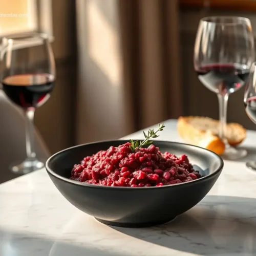Bloody Beet Risotto: 10 Twists on a Classic Dish 2 Creamy Bloody Beet Risotto overhead with herbs