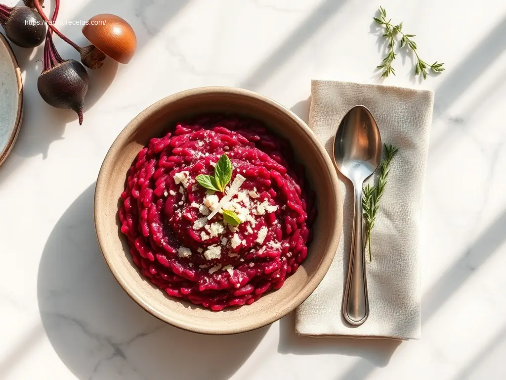 Bloody Beet Risotto: 10 Twists on a Classic Dish 1 Creamy Bloody Beet Risotto overhead with herbs