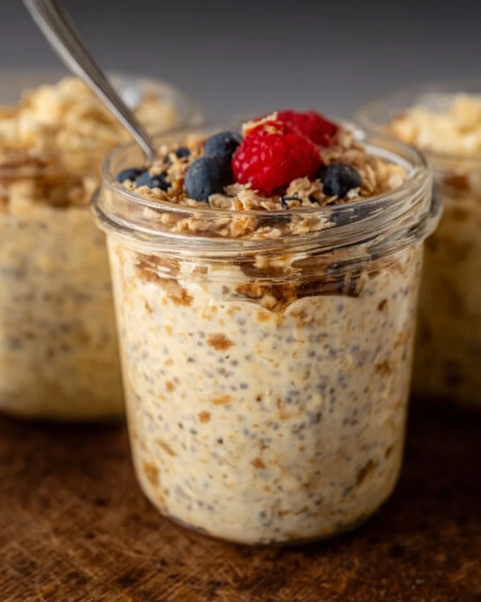 Delicious bowl of brown sugar overnight oats topped with fresh fruit.
