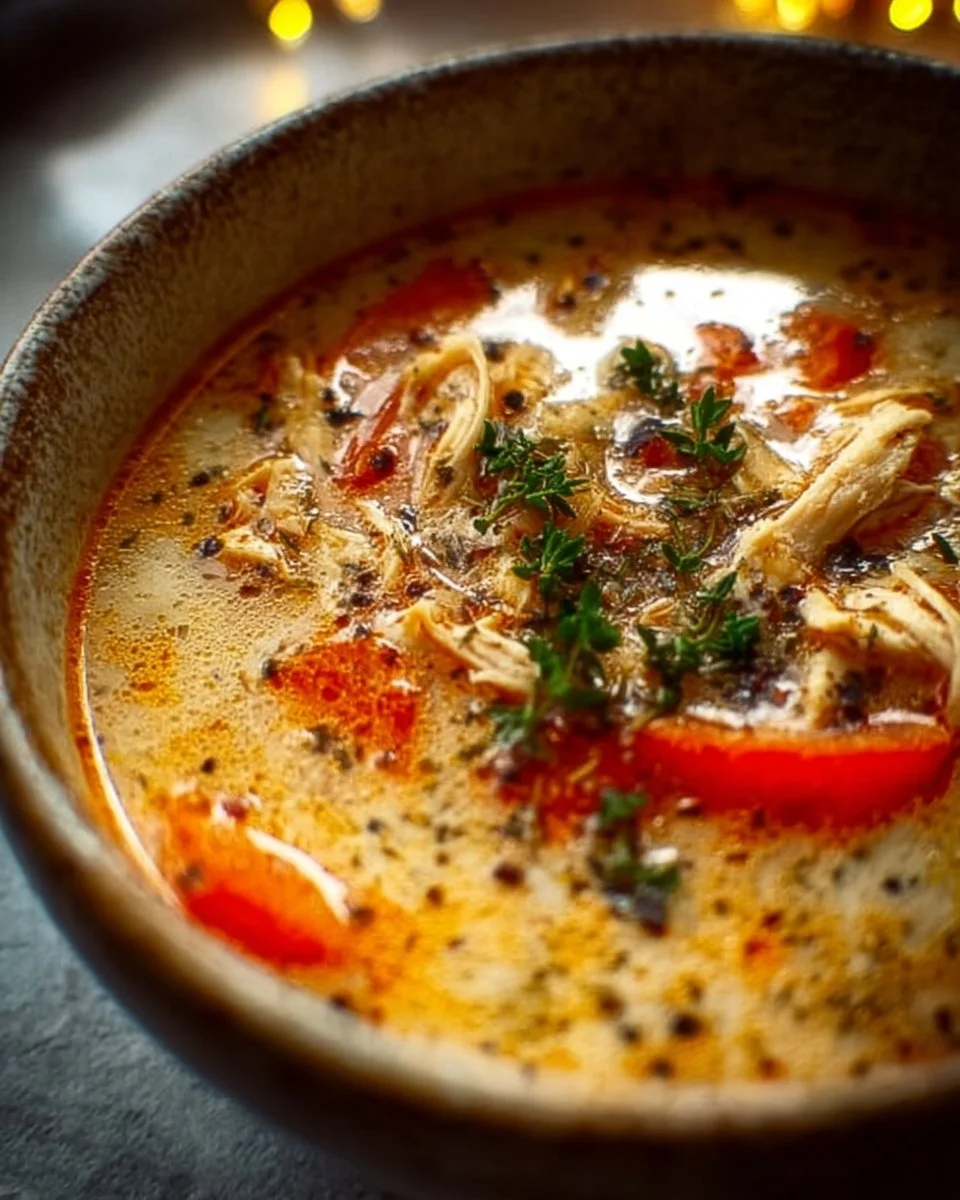 Bowl of spicy Cajun Chicken Soup with herbs and vegetables