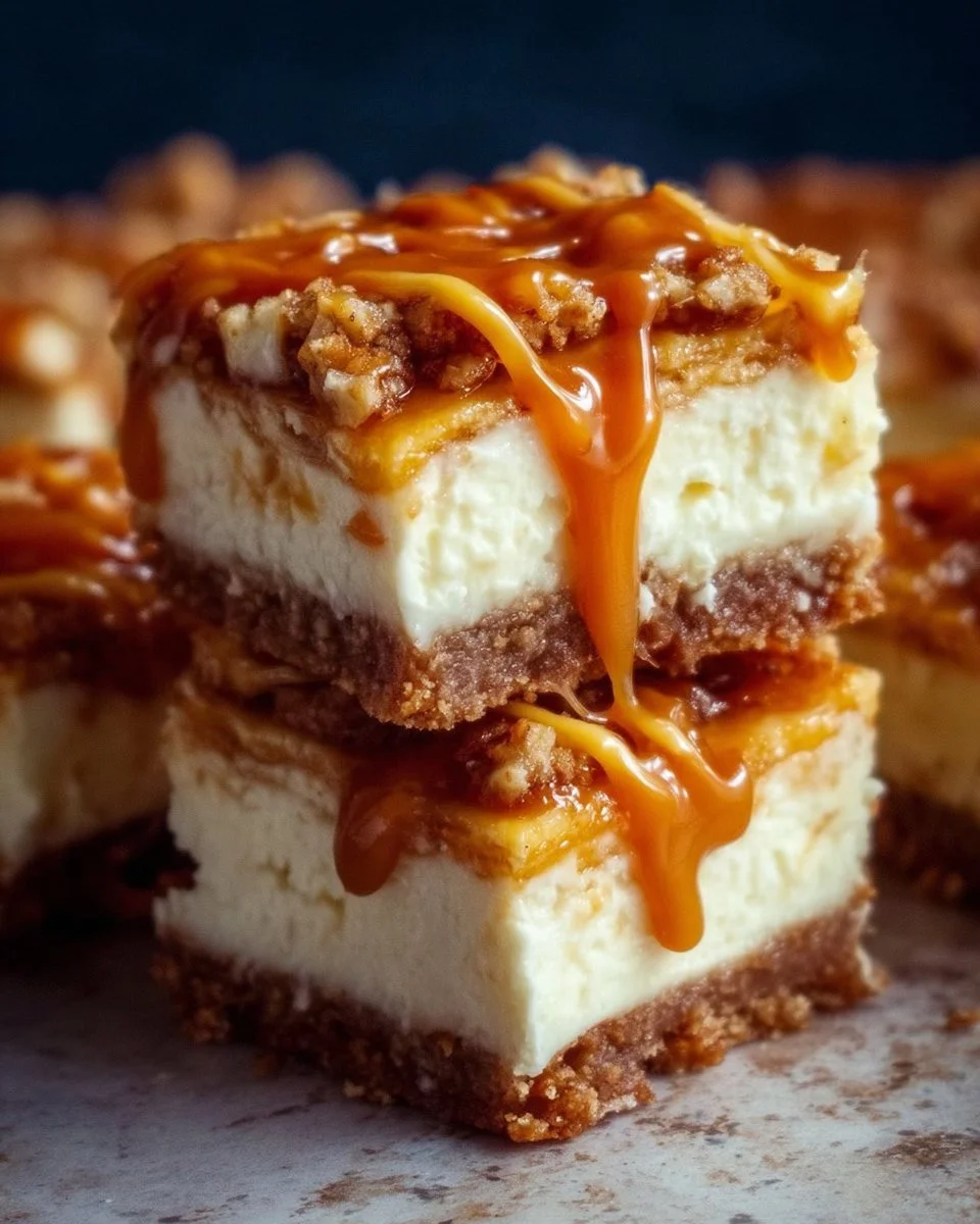 Caramel Apple Cheesecake Bars 1 Delicious caramel apple cheesecake bars topped with caramel drizzle and apple slices