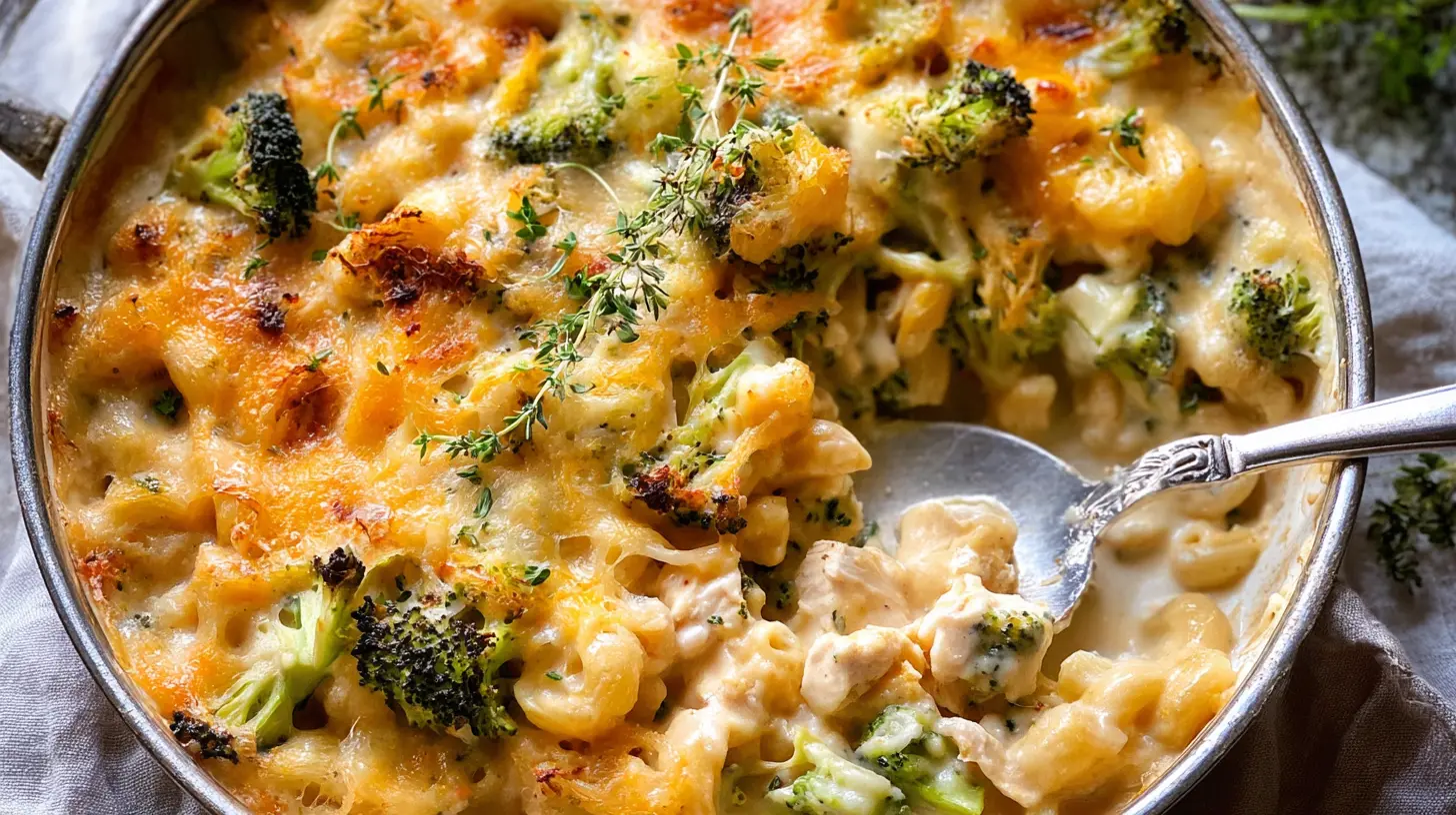 Chicken Broccoli Casserole: Our Top 3 Recipes 1 Close-up of a cheesy chicken broccoli casserole with a golden brown crust.