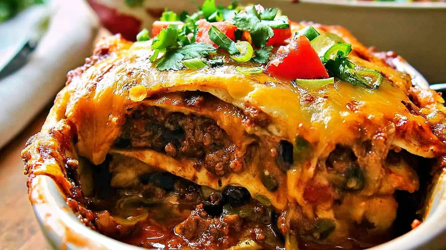 Enchilada Casserole: How to Make it in 30 Mins 1 Close-up of a rich, layered enchilada casserole with tortillas, sauce, and cheese.