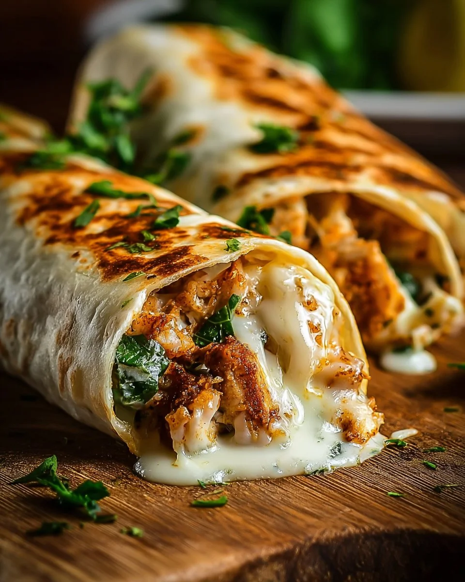Delicious cheesy garlic chicken wraps with fresh ingredients