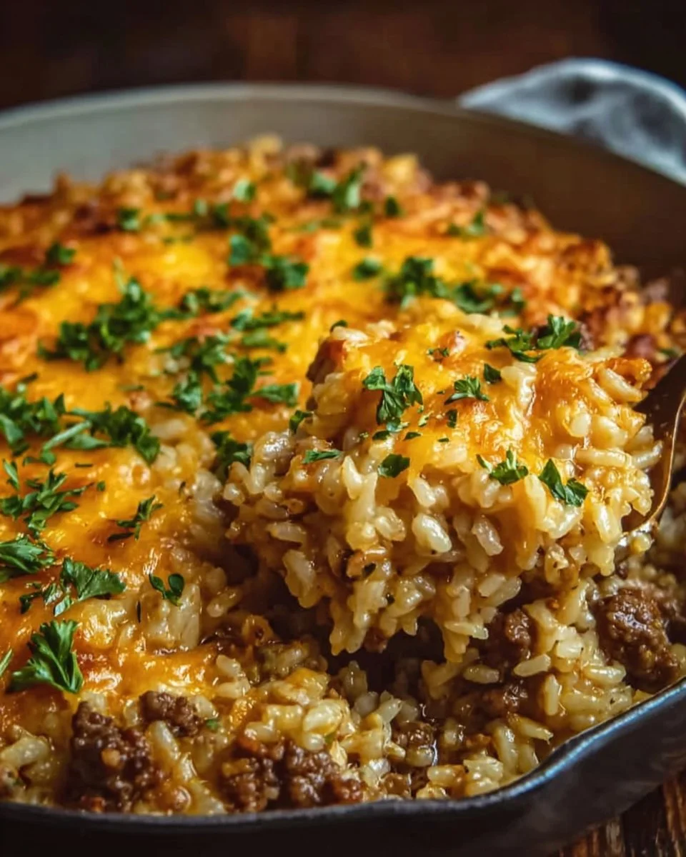 Cheesy ground beef rice casserole served in a baking dish with melting cheese on top