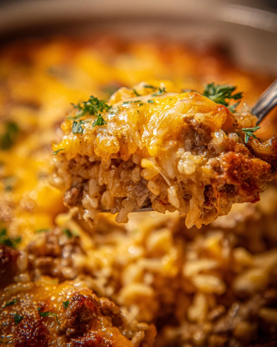 Cheesy Hamburger Rice Casserole 1 Cheesy Hamburger Rice Casserole served in a baking dish with melted cheese