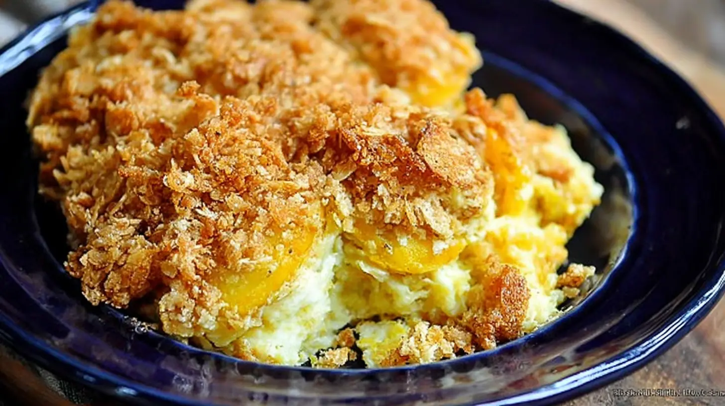 Squash Casserole: The Ultimate 4-Ingredient Recipe 1 Creamy squash casserole bubbling hot, fresh from the oven, served in a ceramic bowl.