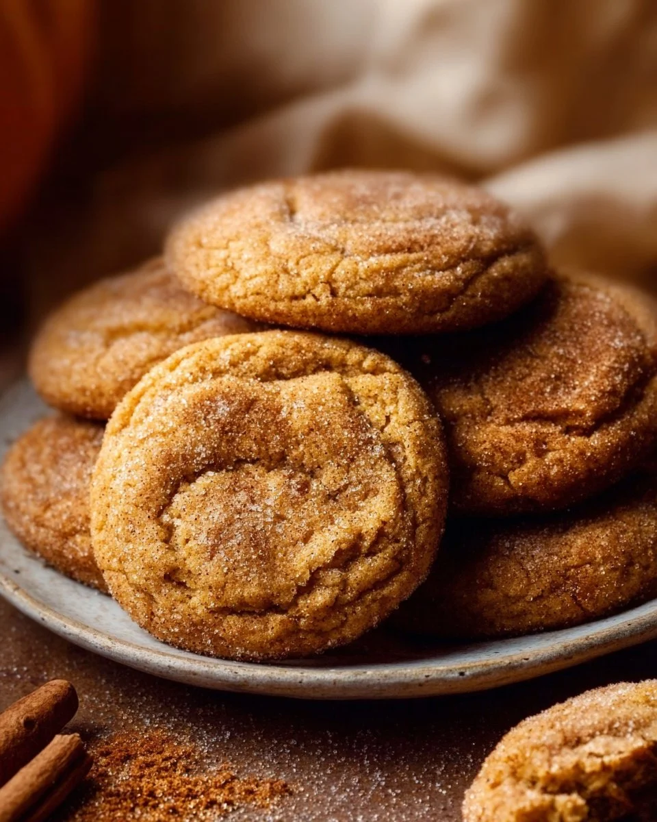 Chewy Pumpkin Snickerdoodle Cookies on a plate with a sprinkle of cinnamon sugar