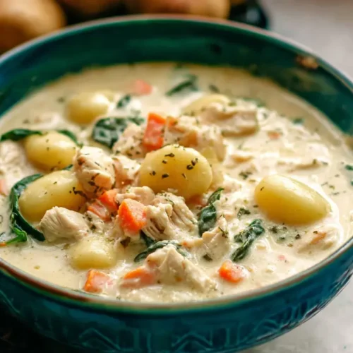 A close-up of a bowl of warm chicken gnocchi soup with fresh herbs