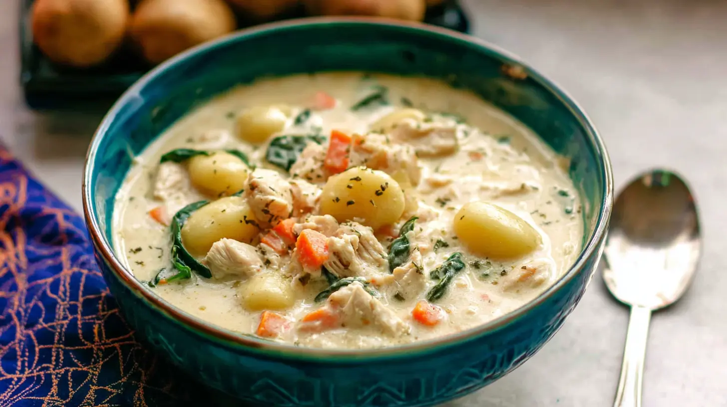 A close-up of a bowl of warm chicken gnocchi soup with fresh herbs