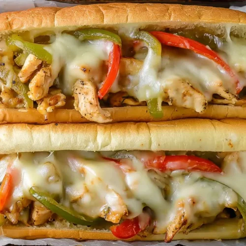 Chicken Philly Cheesesteak: Our Quick and Easy 1 Recipe 2 A sizzling Chicken Philly Cheesesteak sandwich with melted cheese.