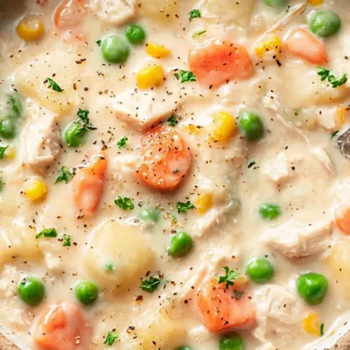 Chicken Pot Pie Soup: Why 1 Bowl is Never Enough 2 A warm bowl of chicken pot pie soup garnished with fresh herbs
