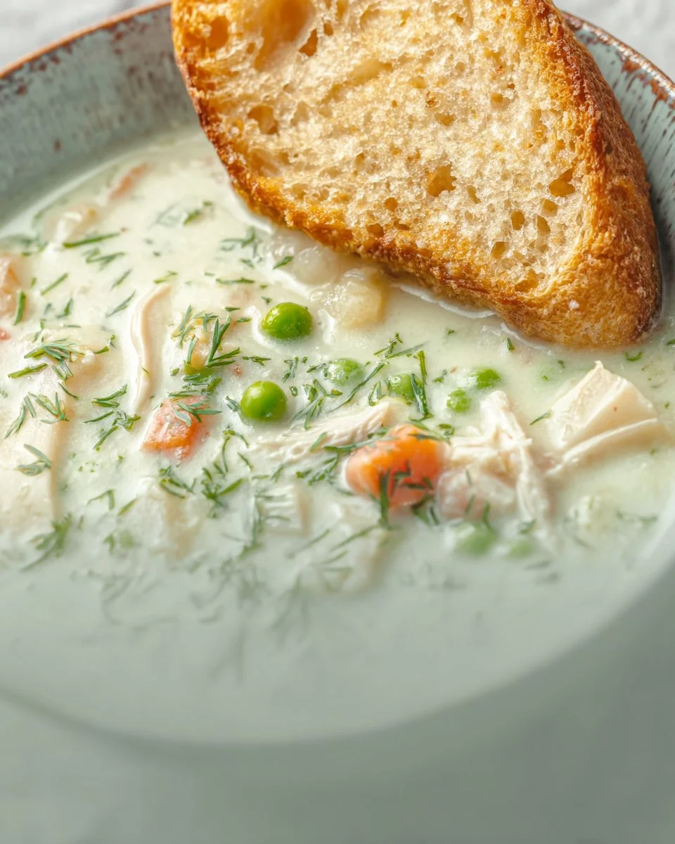Chicken Pot Pie Soup Recipe 1 A bowl of creamy Chicken Pot Pie Soup garnished with herbs