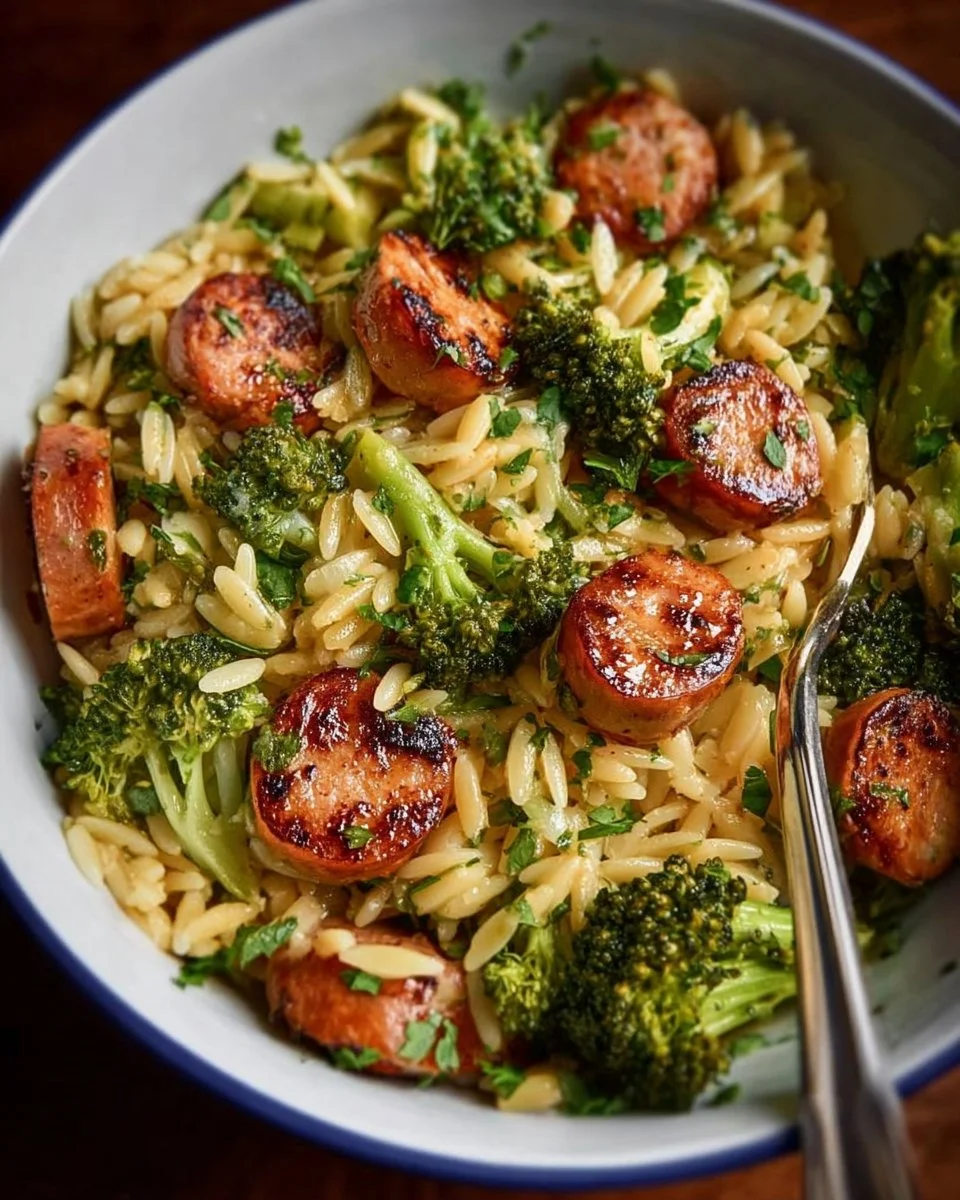 Chicken Sausage and Broccoli Orzo dish served in a bowl