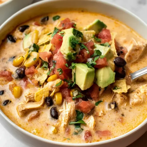 Chicken Taco Soup: 1 Simple Trick for Flavor 2 A steaming bowl of chicken taco soup topped with fresh cilantro and sour cream.