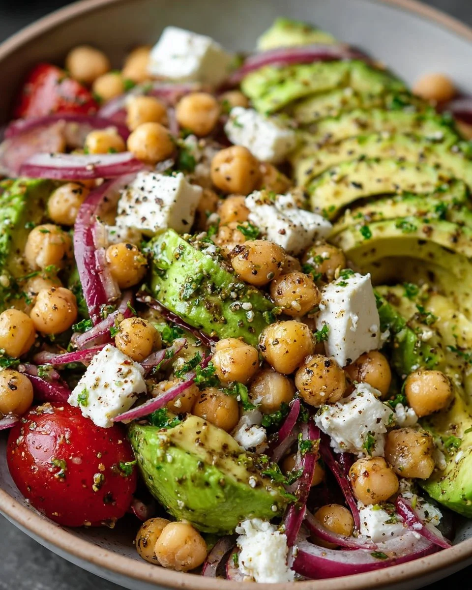 Chickpea Feta Avocado Salad topped with fresh ingredients in a bowl