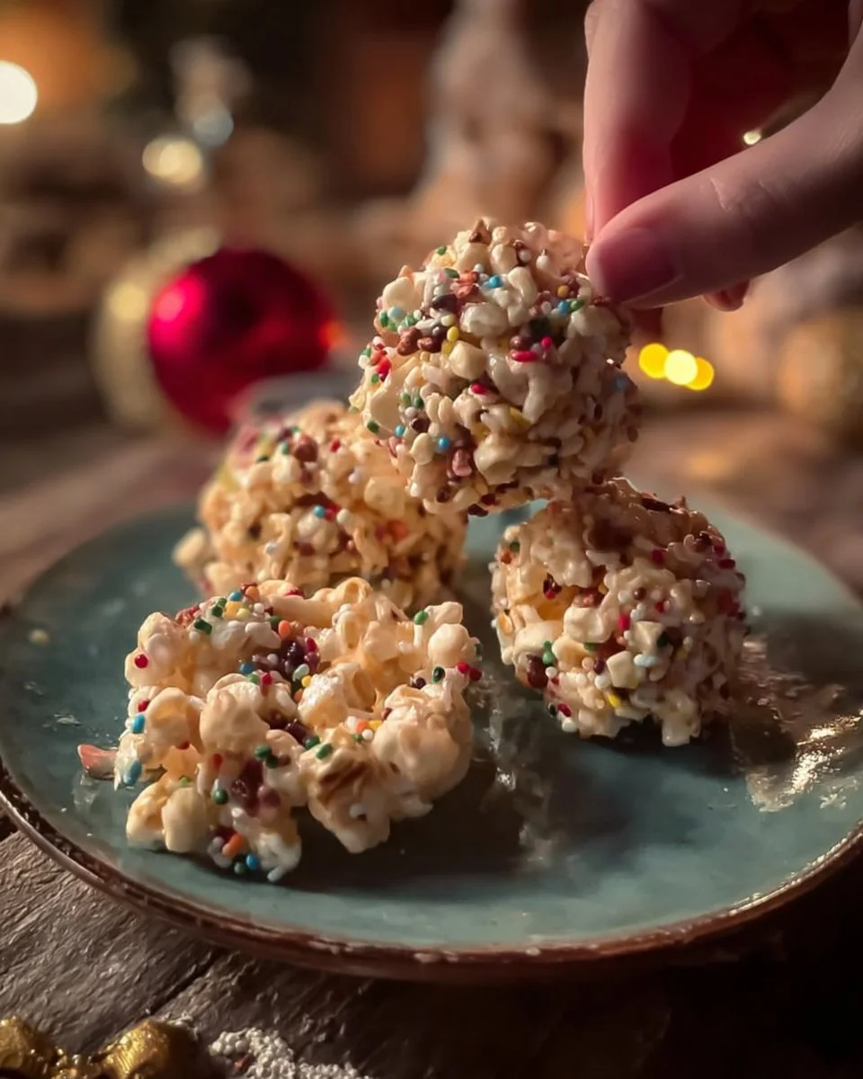 Christmas Popcorn Balls 1 Colorful Christmas popcorn balls decorated for the holidays