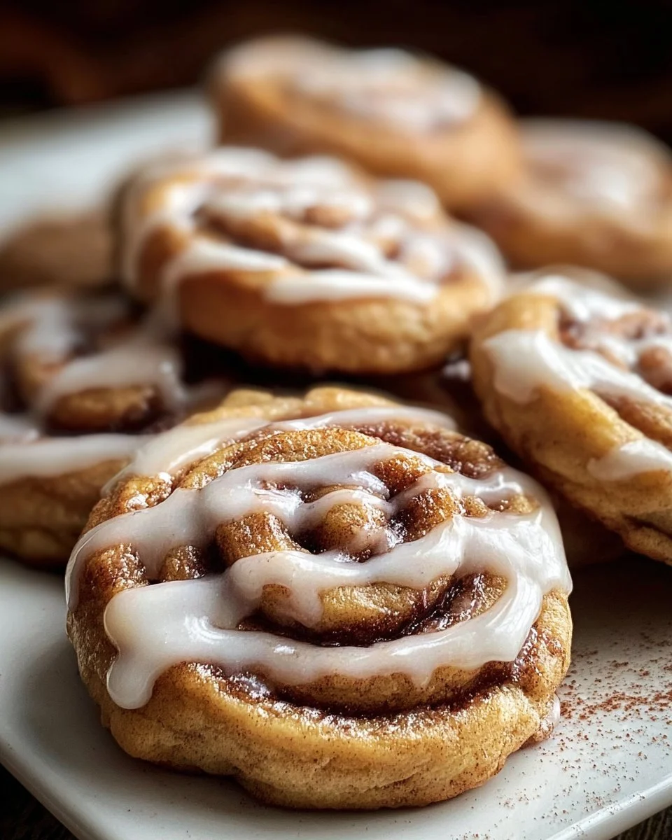 Cinnamon Roll Cookies 1 Freshly baked cinnamon roll cookies topped with icing and cinnamon swirls