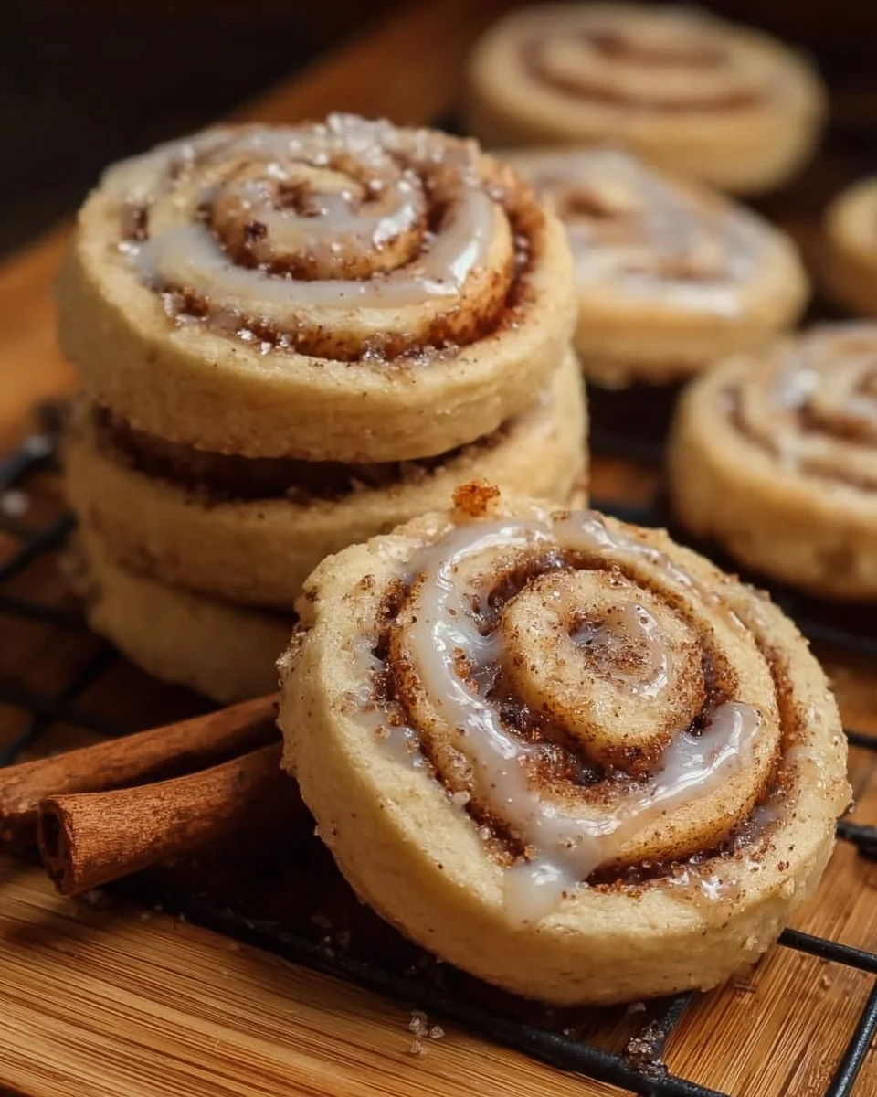 Delicious cinnamon roll cookies topped with frosting and cinnamon sugar.