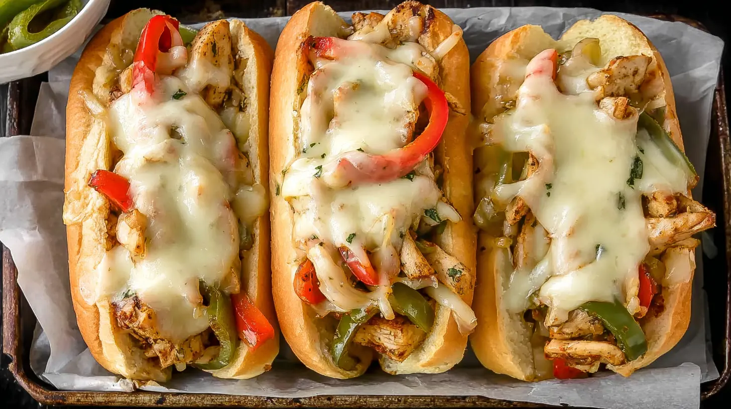 Chicken Philly Cheesesteak: Our Quick and Easy 1 Recipe 1 Close-up of a loaded Chicken Philly Cheesesteak on a toasted hoagie roll.
