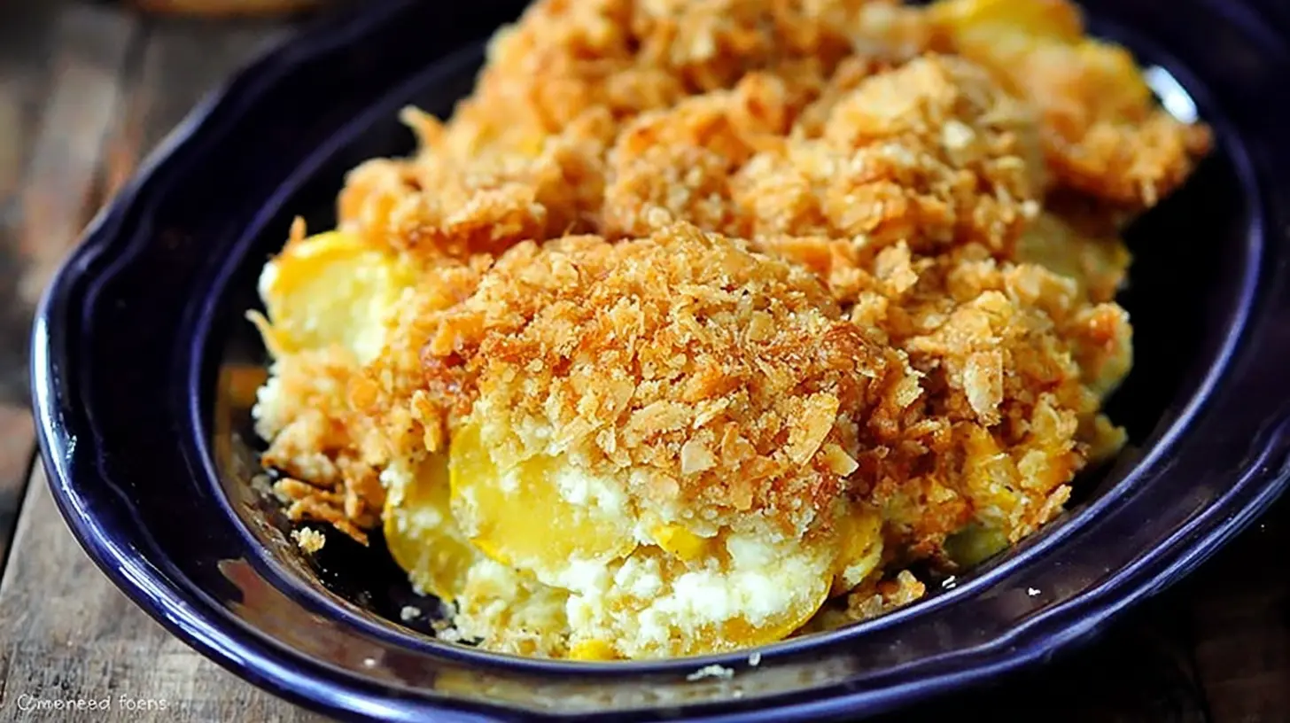 A golden-brown squash casserole with a crispy topping in a white baking dish.