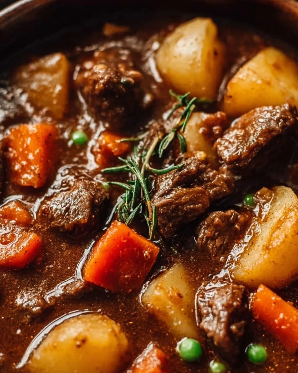 Delicious bowl of comforting crockpot beef stew with vegetables and herbs
