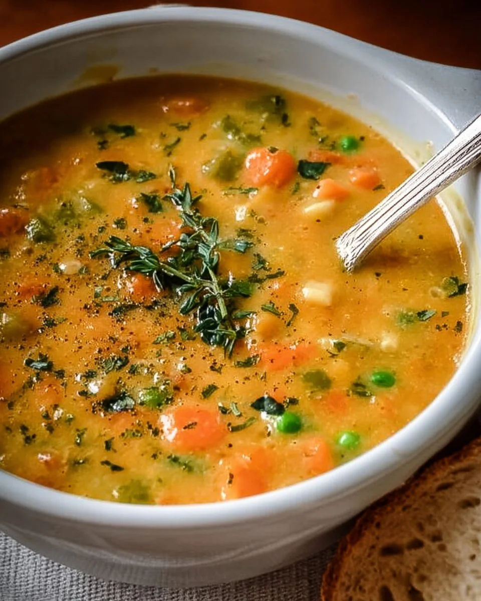 Comforting One-Pot Creamy Vegetable Soup 1 A warm bowl of creamy vegetable soup with fresh vegetables and herbs