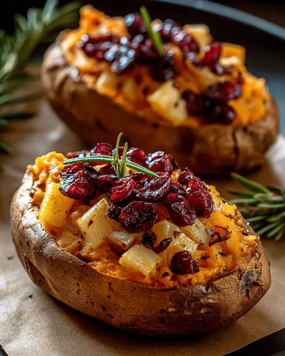 Cranberry Apple Twice-Baked Sweet Potatoes topped with herbs and spices