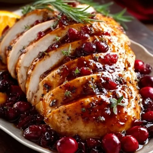 Juicy Cranberry Orange Glazed Turkey Breast garnished with cranberries and oranges