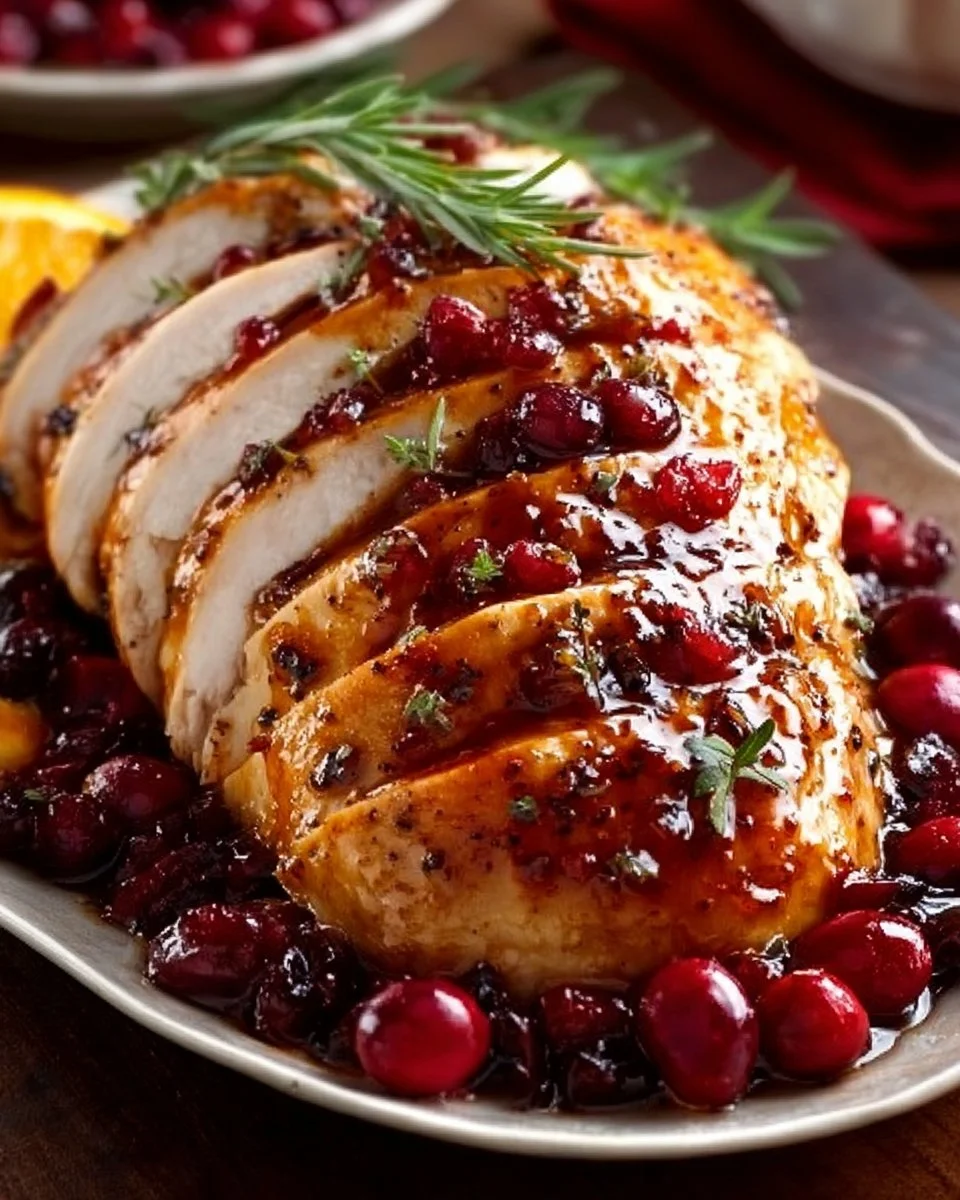 Juicy Cranberry Orange Glazed Turkey Breast garnished with cranberries and oranges