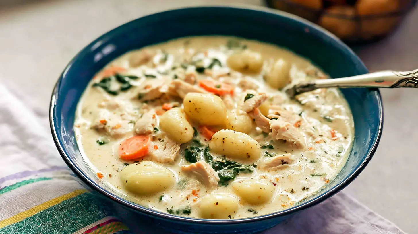 Creamy chicken gnocchi soup served in a white bowl, ready to eat