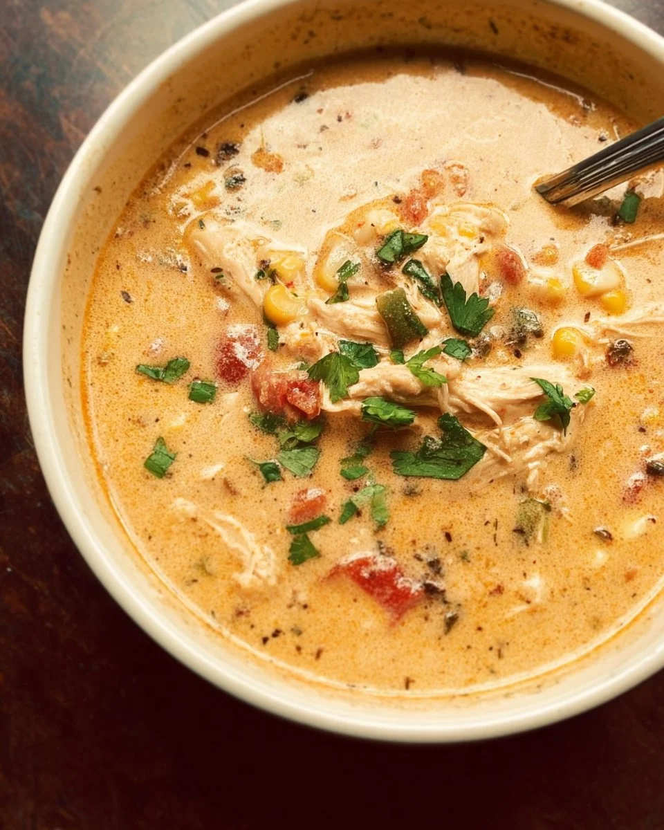 Bowl of creamy chicken taco soup with toppings