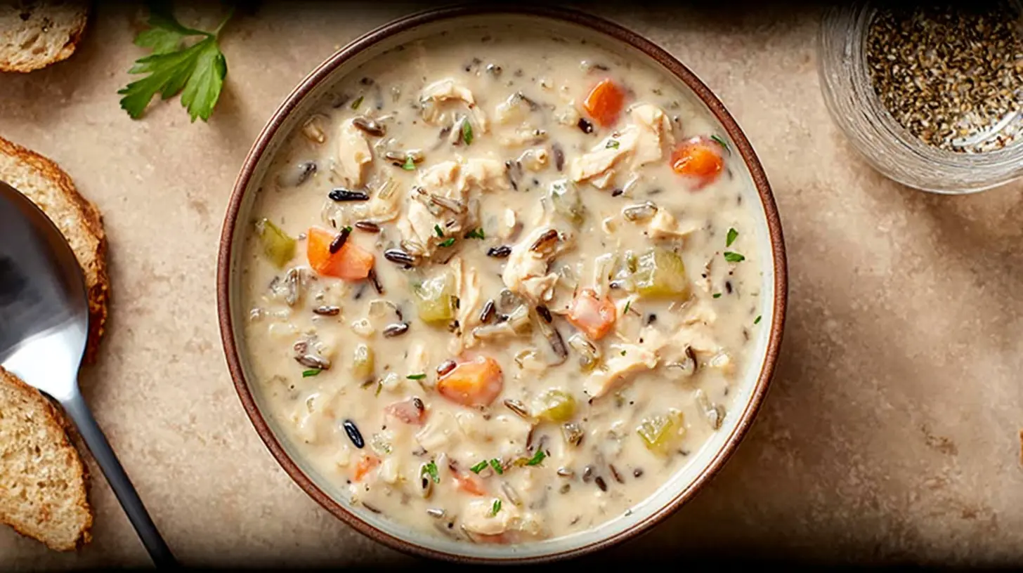 Slow Cooker Chicken And Wild Rice Soup: 1 Secret Ingredient 1 Creamy slow cooker chicken and wild rice soup garnished with herbs.