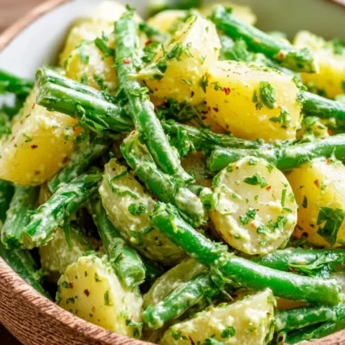 Creamy green bean potato salad in a bowl, garnished with herbs.
