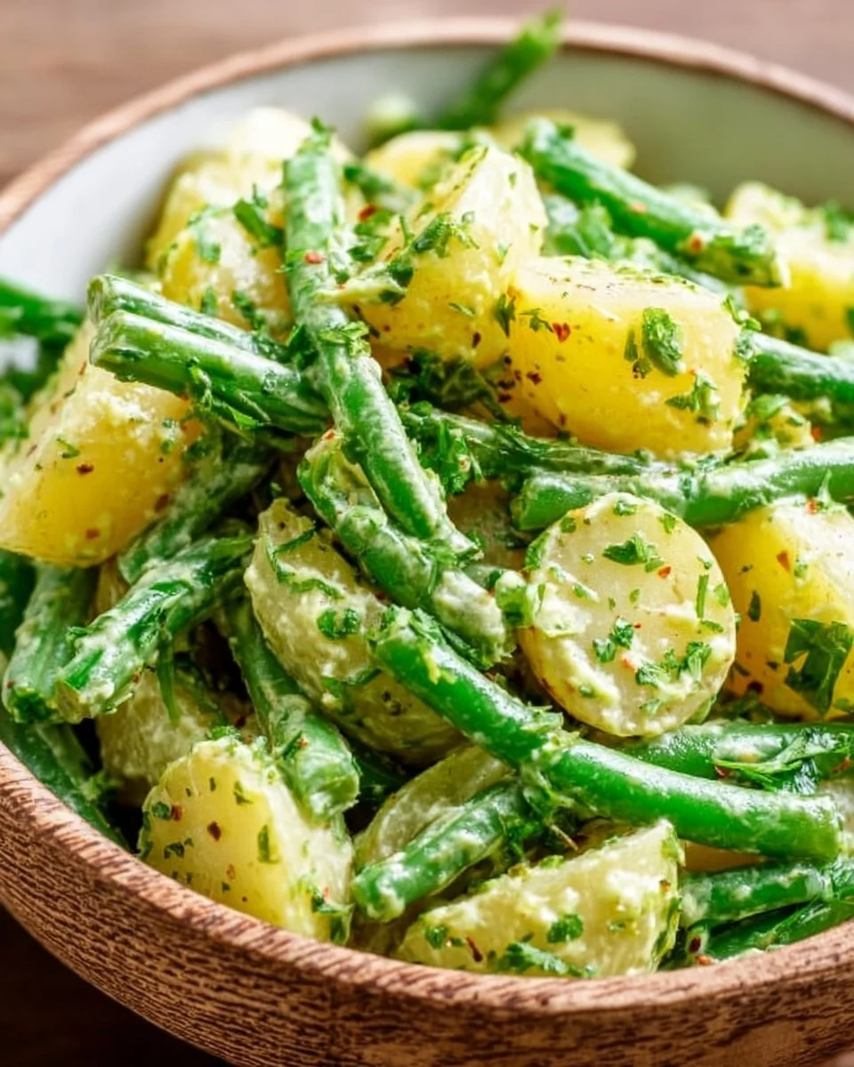 Creamy green bean potato salad in a bowl, garnished with herbs.