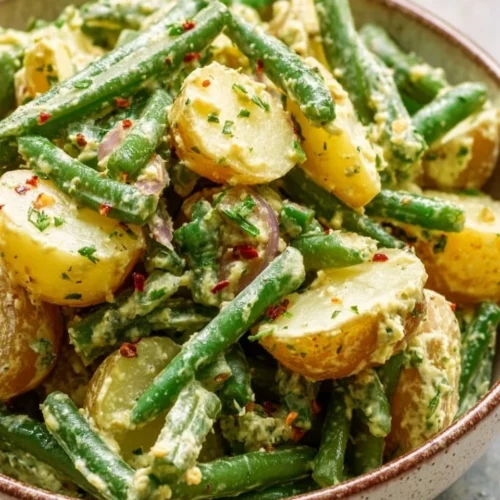 Creamy green bean potato salad served in a bowl with herbs and vegetables