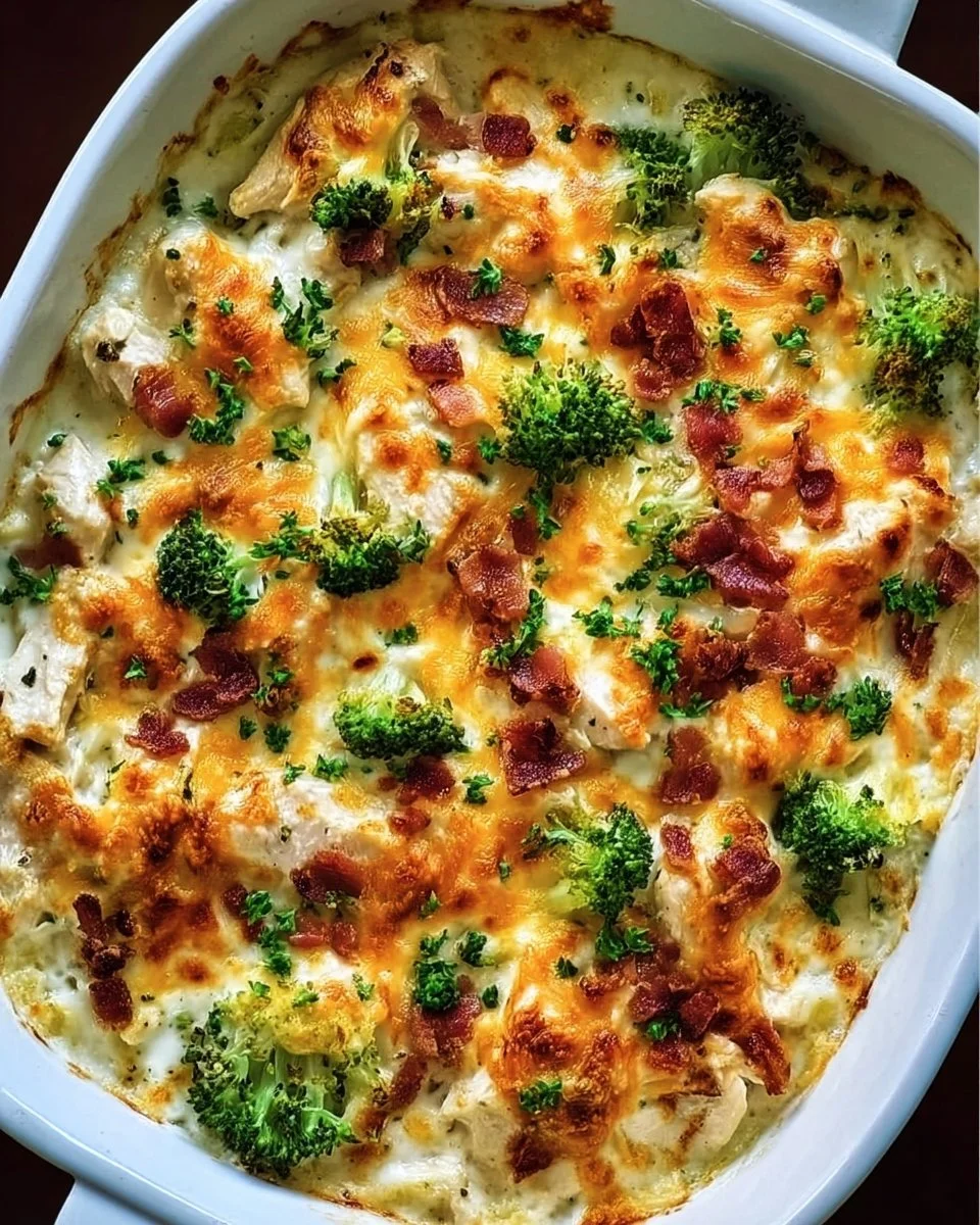 Creamy low carb chicken casserole topped with cheese and vegetables
