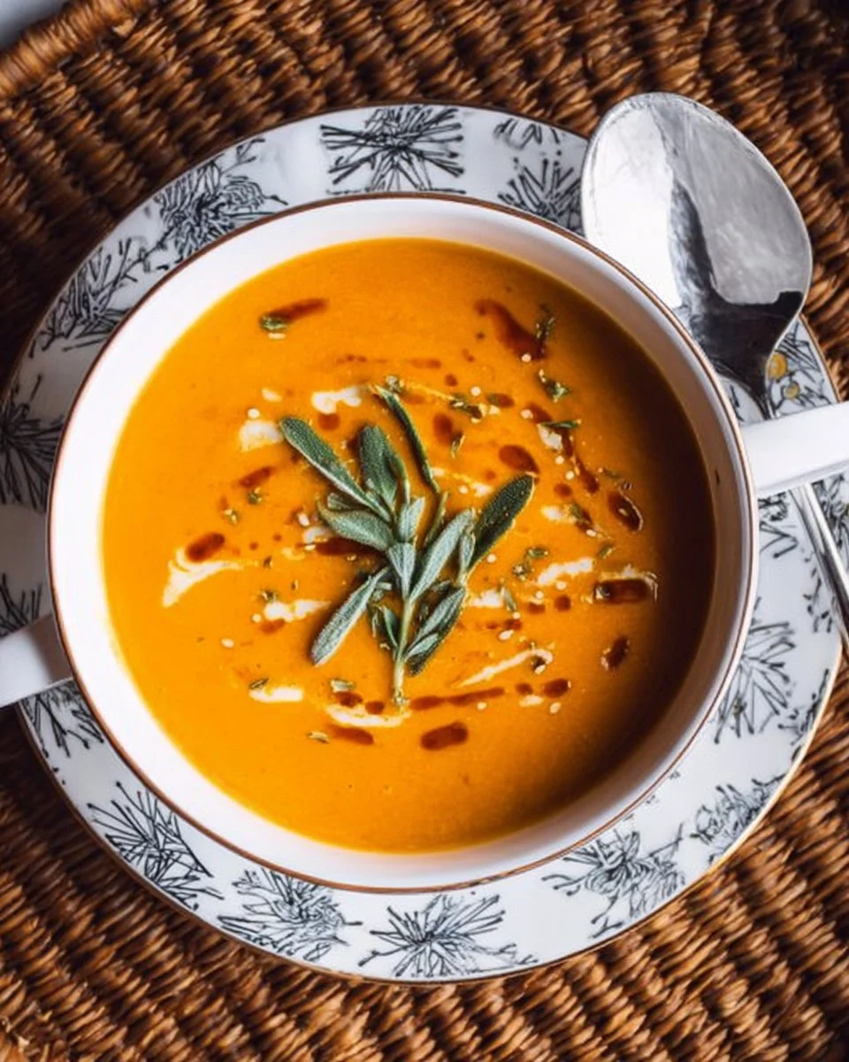 Creamy Pumpkin and Sweet Potato Soup 1 Bowl of creamy pumpkin and sweet potato soup garnished with herbs