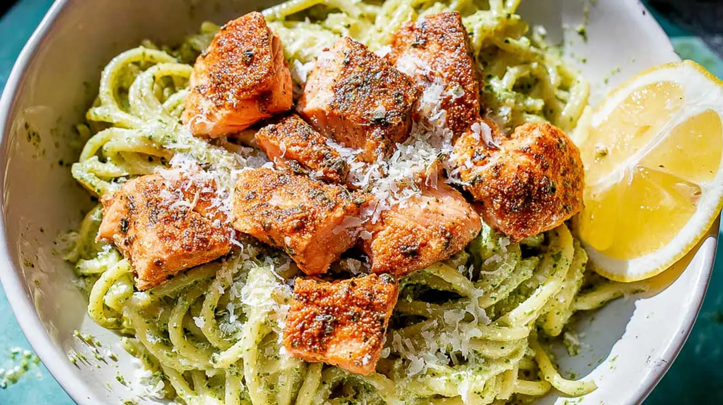 A bowl of creamy salmon pesto pasta topped with fresh herbs.